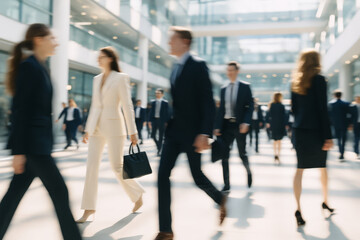 Blurred motion of business professionals walking through a bright modern office lobby, showcasing busy corporate activity and urban lifestyle