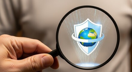 A person holding a magnifying glass examining a holographic shield icon protecting the globe.