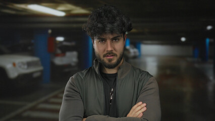 Young hispanic man with beard standing indoors in parking with arms crossed and eyes closed looking...