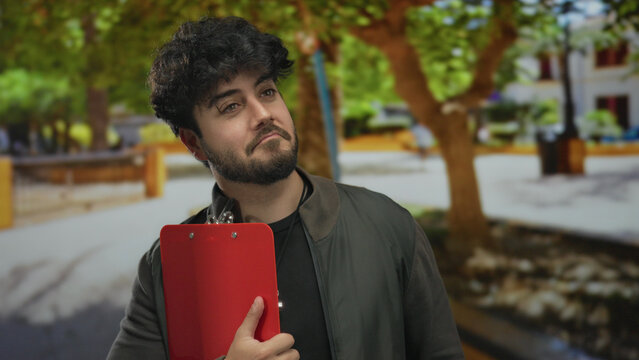 Young man with beard holding red clipboard outdoors in sunny park setting with lush green trees in the background, evoking a sense of thoughtful contemplation.