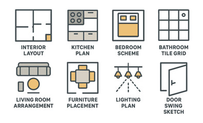 Interior design floor plan icons set for home and office layouts diagramming with simple modern style