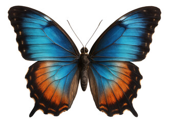 Vibrant blue and orange butterfly with detailed wing patterns on transparent background.