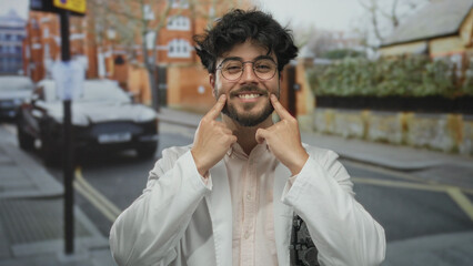 Young man with beard smiling and wearing glasses in white coat standing on urban street background outdoors in daytime.
