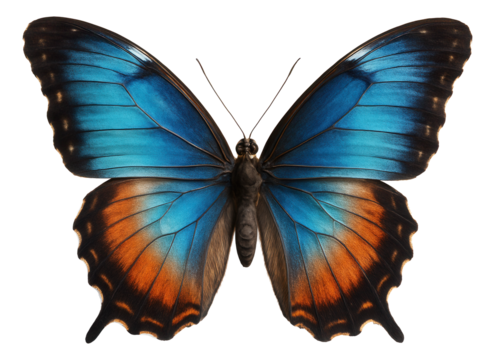 Vibrant blue and orange butterfly with detailed wing patterns on transparent background.