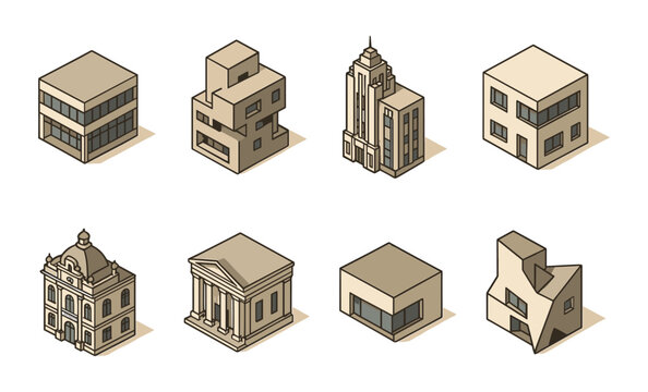 Isometric architectural styles: modern, brutalist, art deco, bauhaus, baroque and more