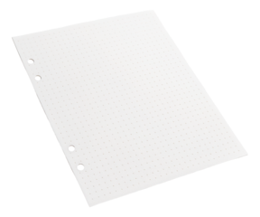 Sheet of dotted paper with three punched holes for binder use on transparent background.