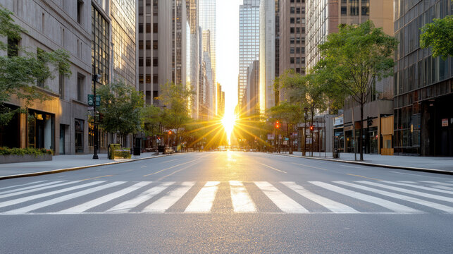 Empty street tall buildings golden hour sunlight urban landscape city architecture trees