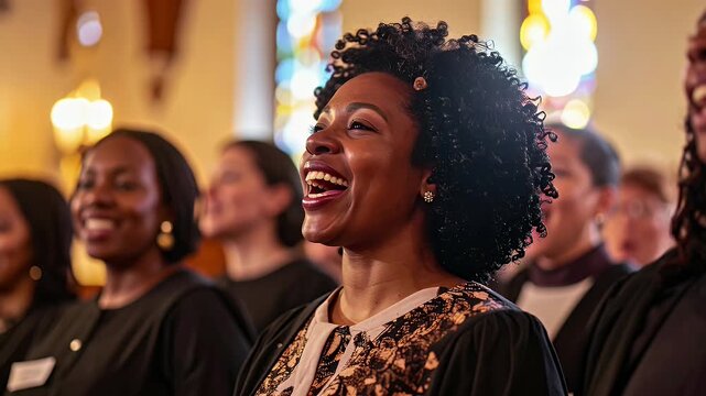 Joyful group of diverse people singing together in a church setting with colorful stained glass windows