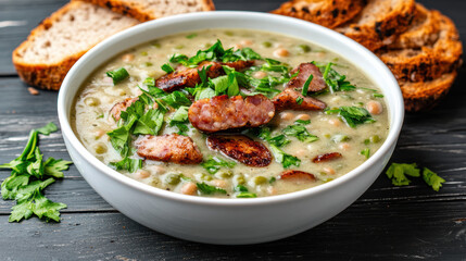 Thick pea soup with smoked sausage, garnished with fresh herbs, served with rye bread