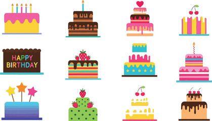 Naklejka premium A collection of twelve colorful cartoon cakes with various designs and toppings on a white background