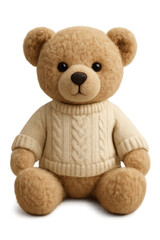 Fototapeta premium Cute teddy bear wearing warm knitted sweater sitting on transparent background