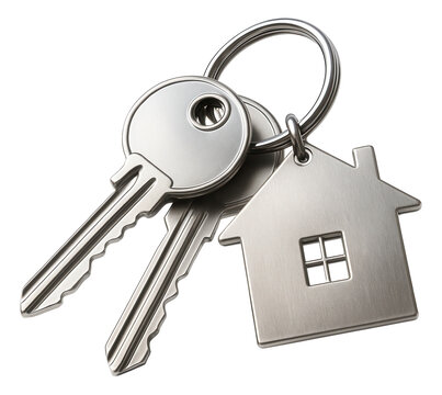 Two metallic keys on a keyring with a house-shaped keychain on transparent background.
