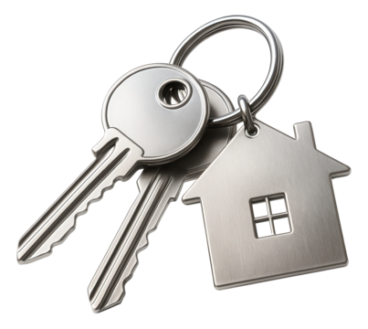 Two metallic keys on a keyring with a house-shaped keychain on transparent background.