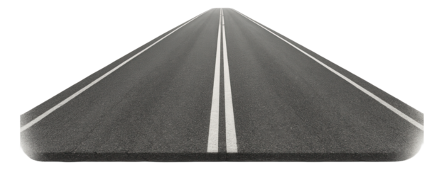 Long perspective view of an asphalt road with white dividing lines, creating a sense of depth on transparent background.
