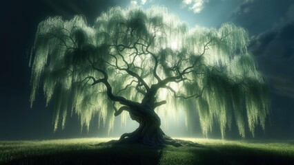 Ancient Weeping Willow Illuminated by a Mystical, Ethereal Glow