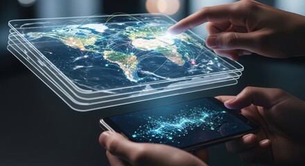 Hands interacting with a futuristic holographic interface showing a global network on a world map.