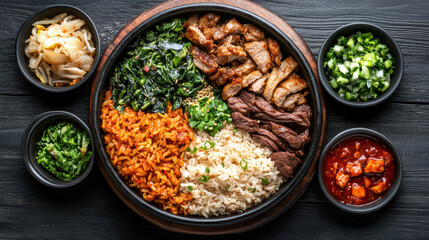 Delicious claypot rice meal featuring meats, greens, and vibrant side dishes