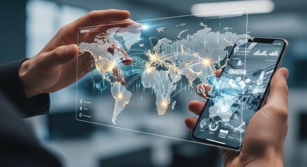 Businessman using a smartphone and transparent screen with an augmented reality global network.