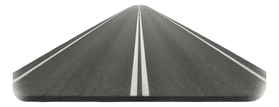 Long perspective view of an asphalt road with white dividing lines, creating a sense of depth on transparent background.