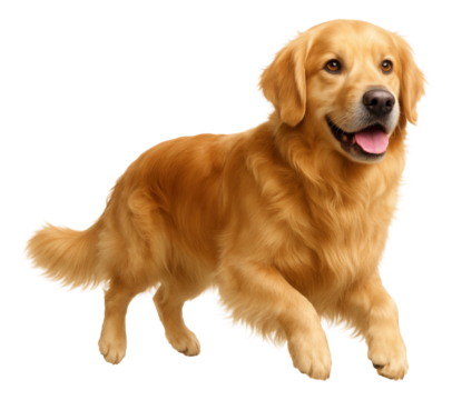 Golden retriever dog running with a joyful expression, showing its tongue and fluffy tail on transparent background.