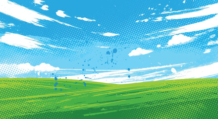 Naklejka premium A vibrant graphic novel landscape with a green field under a bright blue sky and clouds.