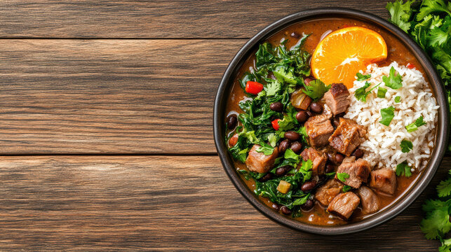 Delicious feijoada with pork, rice, collard greens, and orange slice