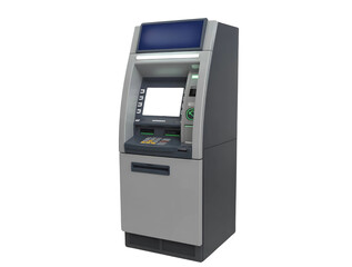 automated ATM machine with screen, keypad, and cash dispenser