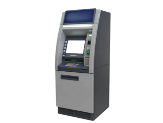 automated ATM machine with screen, keypad, and cash dispenser