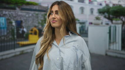 Fototapeta premium Woman in striped shirt shows bare arms and hands shrugging on cobblestone street near stone wall; confusion uncertainty questioning.
