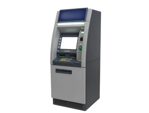 automated ATM machine with screen, keypad, and cash dispenser