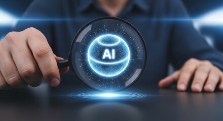 Businessman using a magnifying glass to analyze a glowing AI holographic icon.