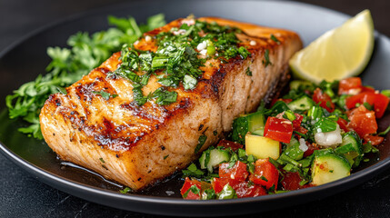 Grilled salmon fillet with fresh salsa and lime