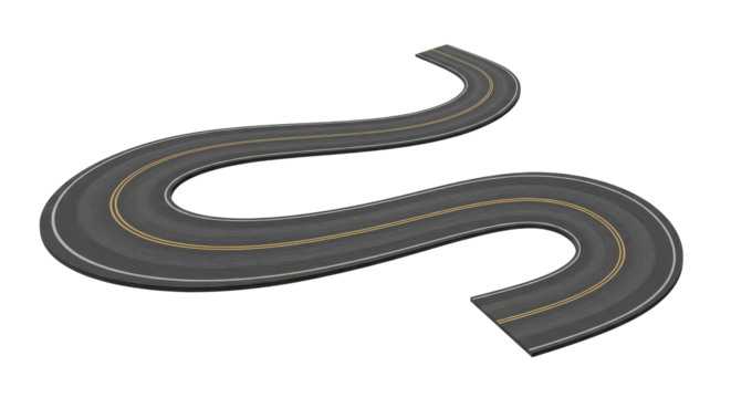 Curvy asphalt road with yellow and white lane markings isolated on transparent background