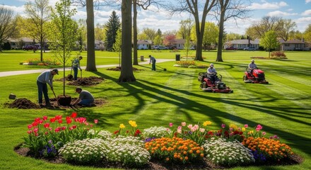 A team of professional landscapers planting trees and mowing a lush green lawn in a sunny park