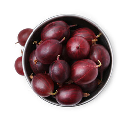 Fresh ripe red gooseberries in bowl isolated on white, top view
