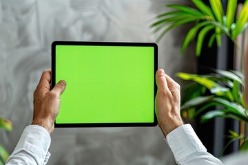 Pixel Perfect Image of Person Using Modern Tablet Horizontally for Green Screen