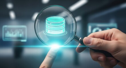 Futuristic business data analysis with a magnifying glass over a glowing holographic database.