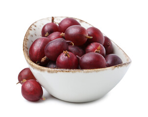 Fresh ripe red gooseberries in bowl isolated on white