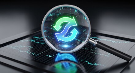 Magnifying glass examining a glowing digital exchange icon on a futuristic finance chart