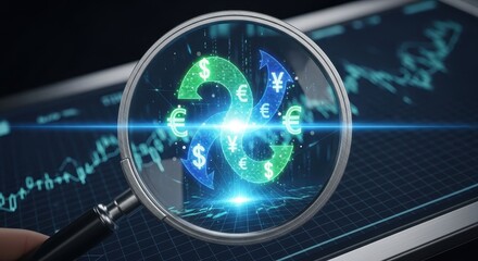 Magnifying glass analyzing digital currency exchange on a futuristic finance display
