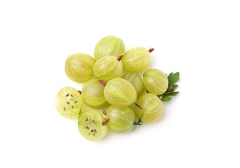 Fresh ripe green gooseberries with leaf isolated on white, top view