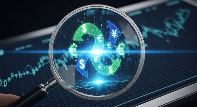 Magnifying glass analyzing digital currency exchange on a futuristic finance display