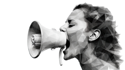Young woman shouting loudly through a megaphone isolated on white background