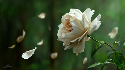 White rose with falling petals in a green garden