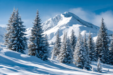 Fototapeta premium Snow-covered pine forest with mountain backdrop in a winter landscape