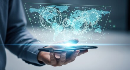 A businessman's hand holds a device projecting a holographic interface of a global data network.