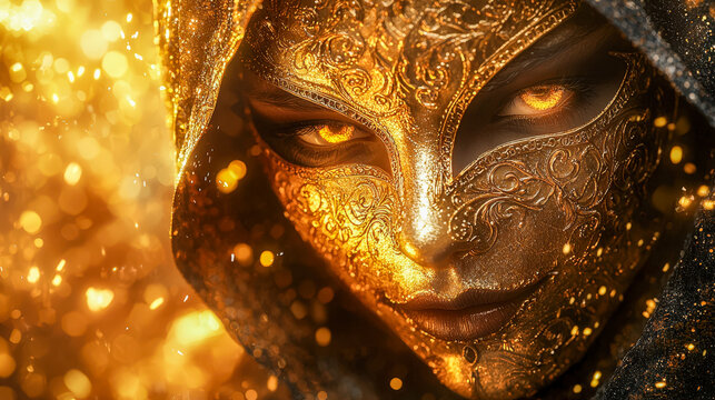 Enigmatic gold-embellished masked figure with glowing eyes and shimmering surroundings