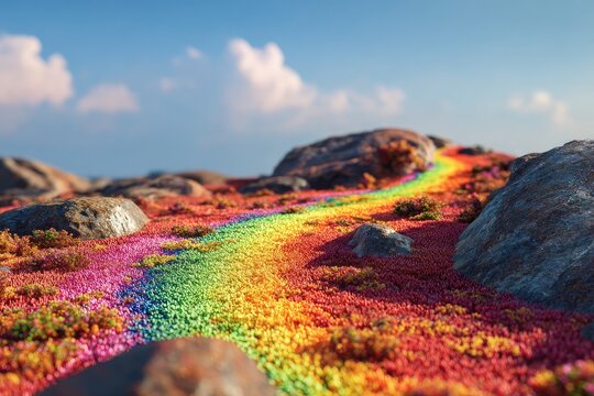 Colorful rainbow path through rocky landscape