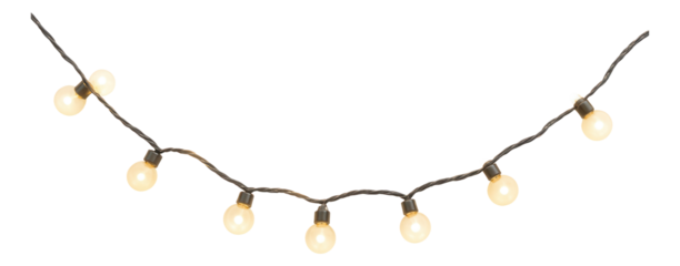 String of warm glowing round light bulbs connected by a dark twisted wire, creating an ambient decorative lighting setup on transparent background.