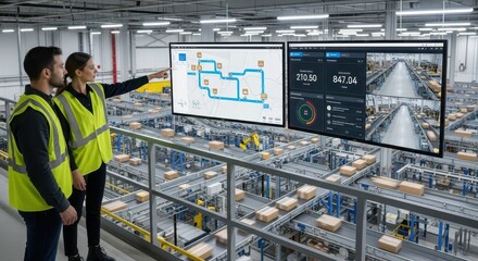 Logistics supervisors analyzing package distribution data on digital screens in a smart warehouse